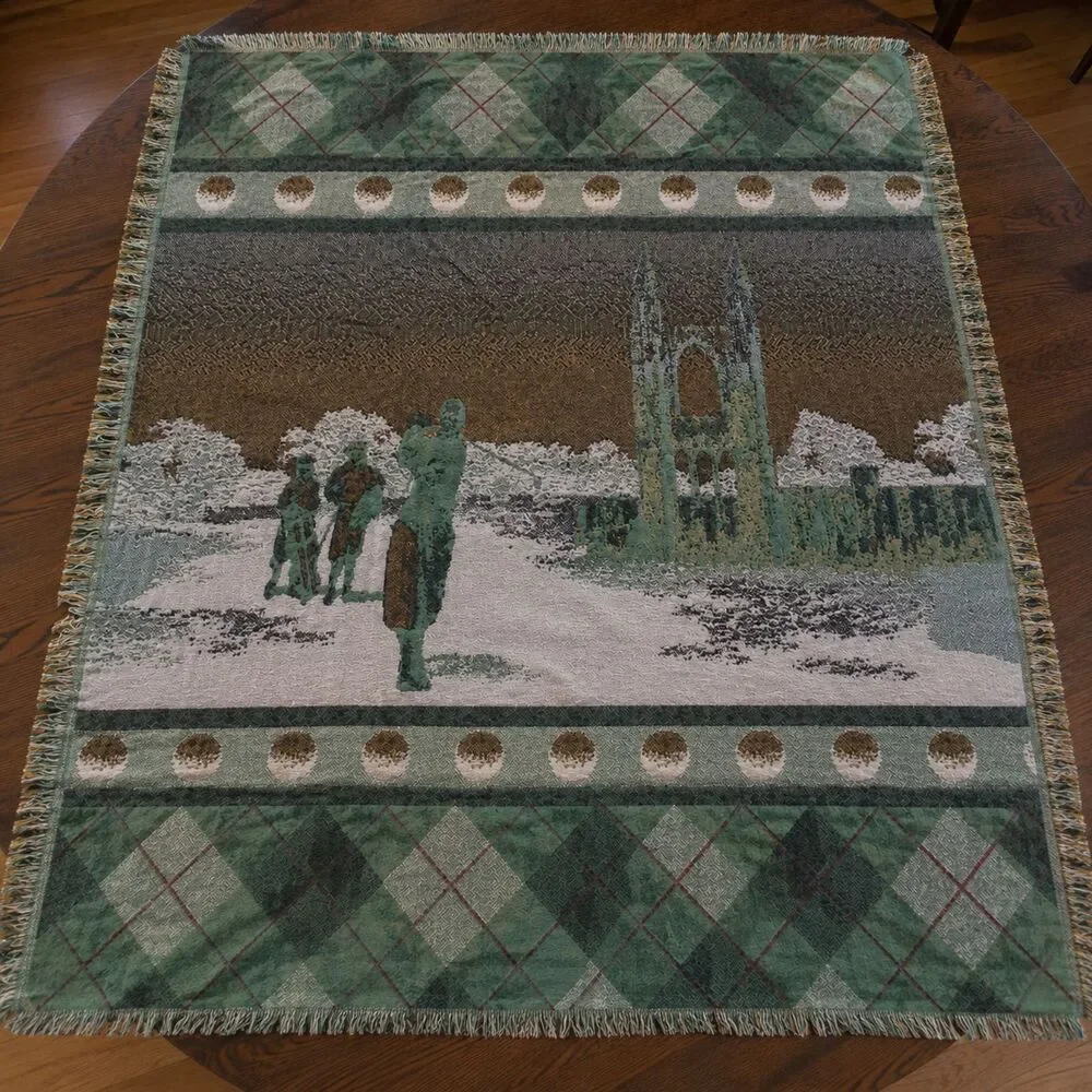Golf Woven Tapestry Throw Blanket Golfer Argyle Fringe St Andrews